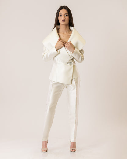 Opulent Collar Blazer & Satin Tailored Pants Set
