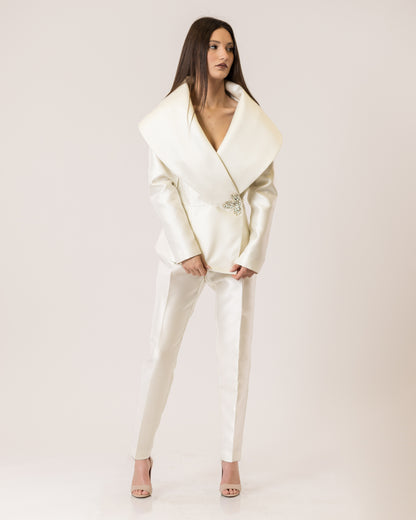 Opulent Collar Blazer & Satin Tailored Pants Set
