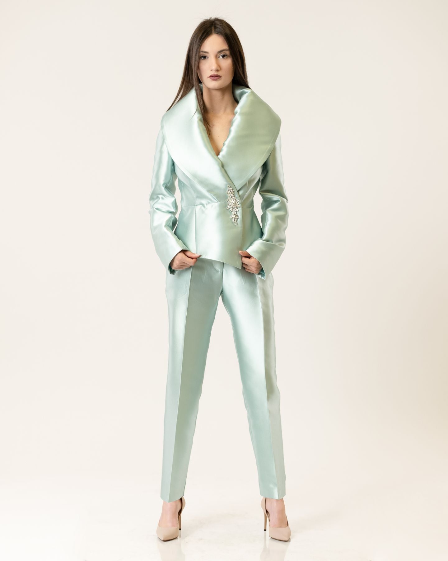 Opulent Collar Blazer & Satin Tailored Pants Set