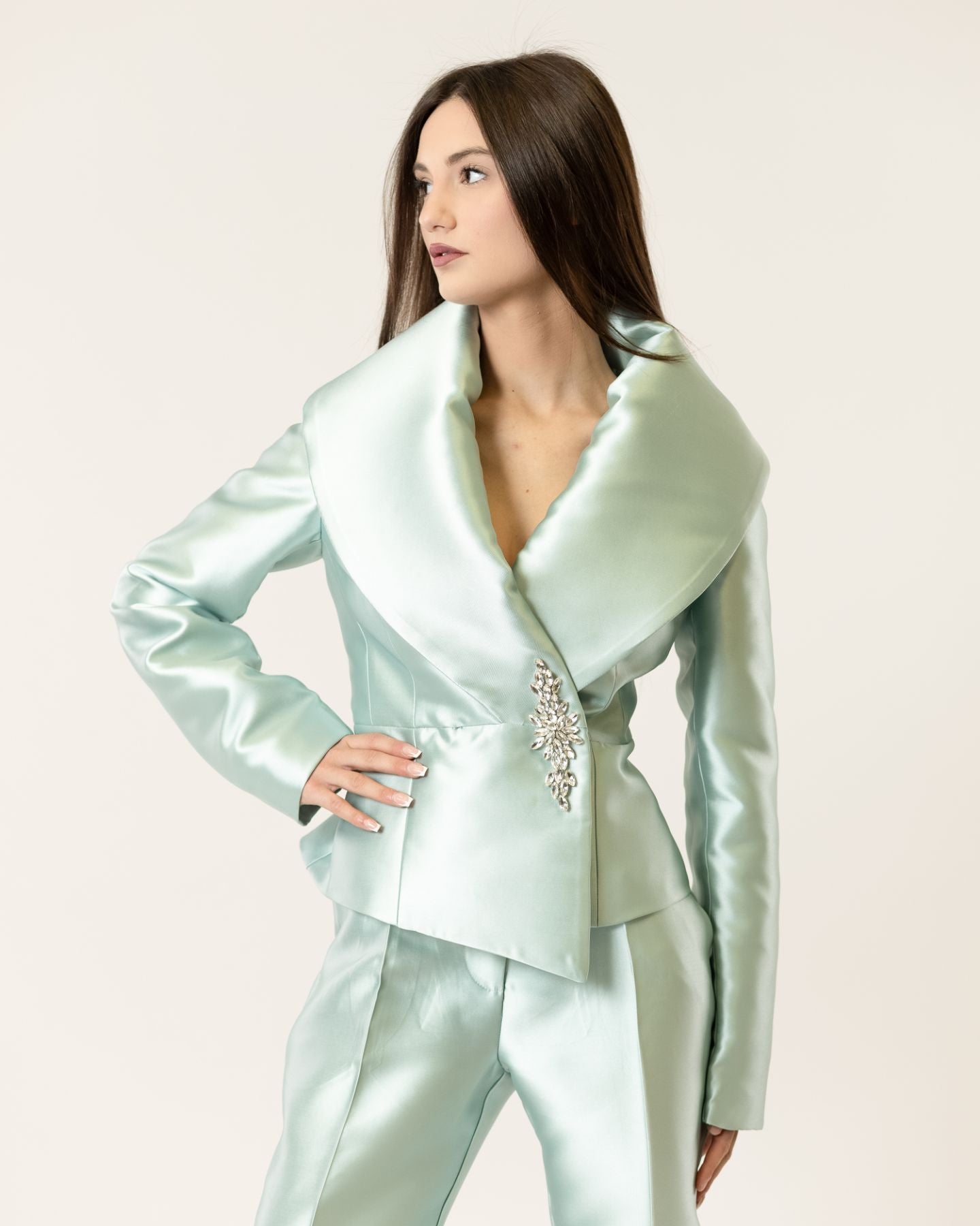 Opulent Collar Blazer & Satin Tailored Pants Set