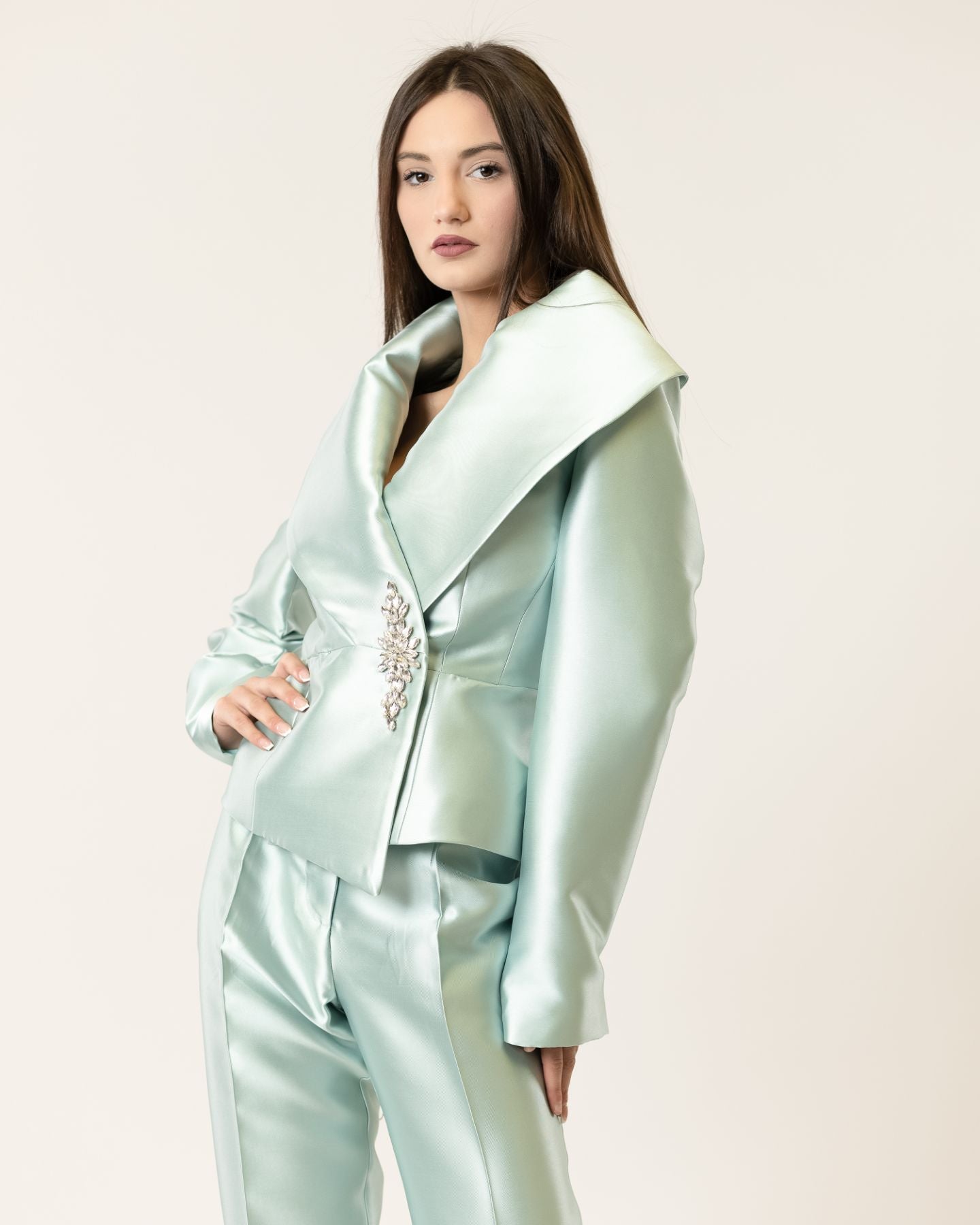 Opulent Collar Blazer & Satin Tailored Pants Set