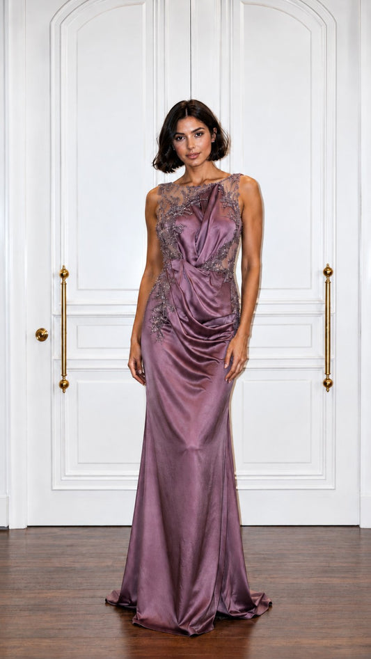 Embellished Satin Evening Gown
