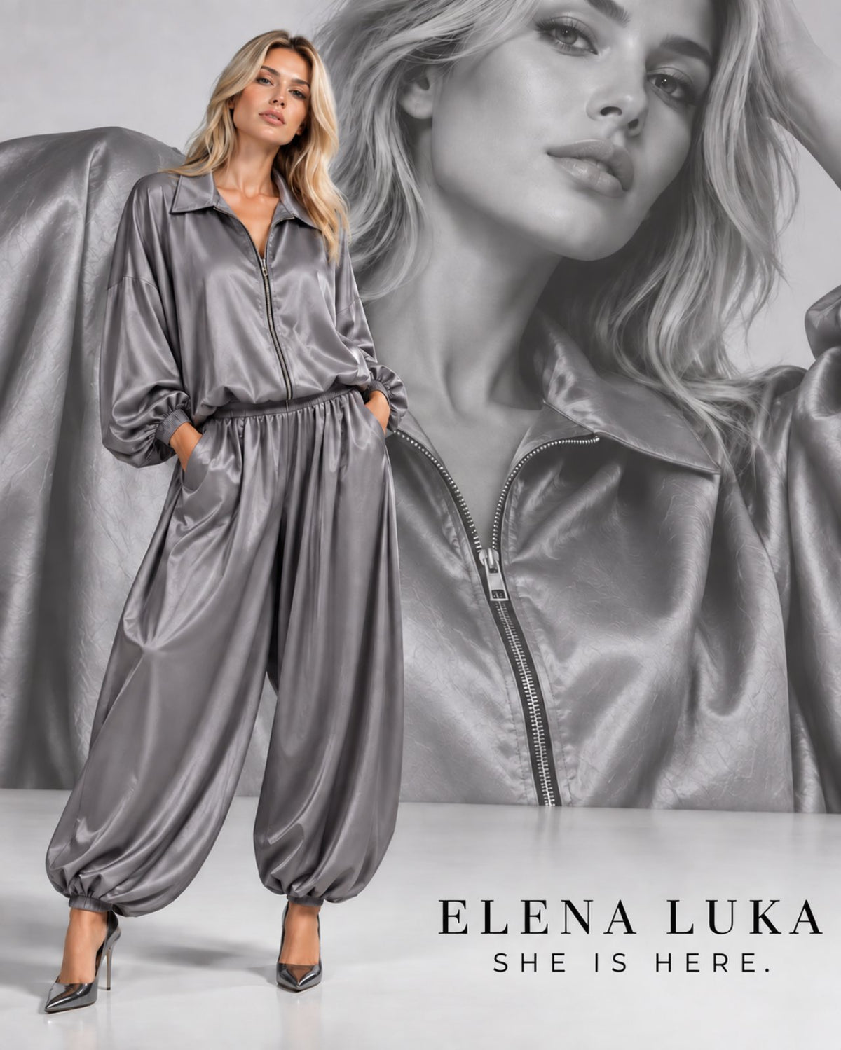 Elena Luka Satin Track Suit Silver