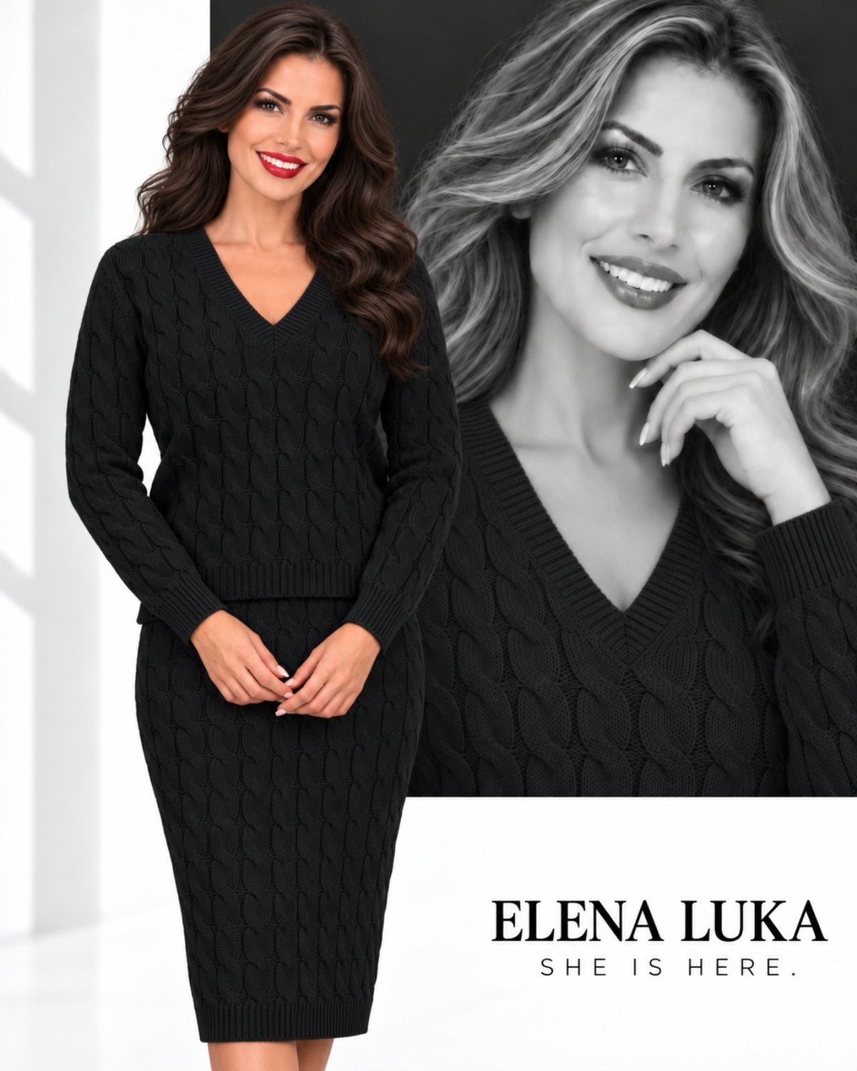 Black Cable-Knit V-Neck Sweater