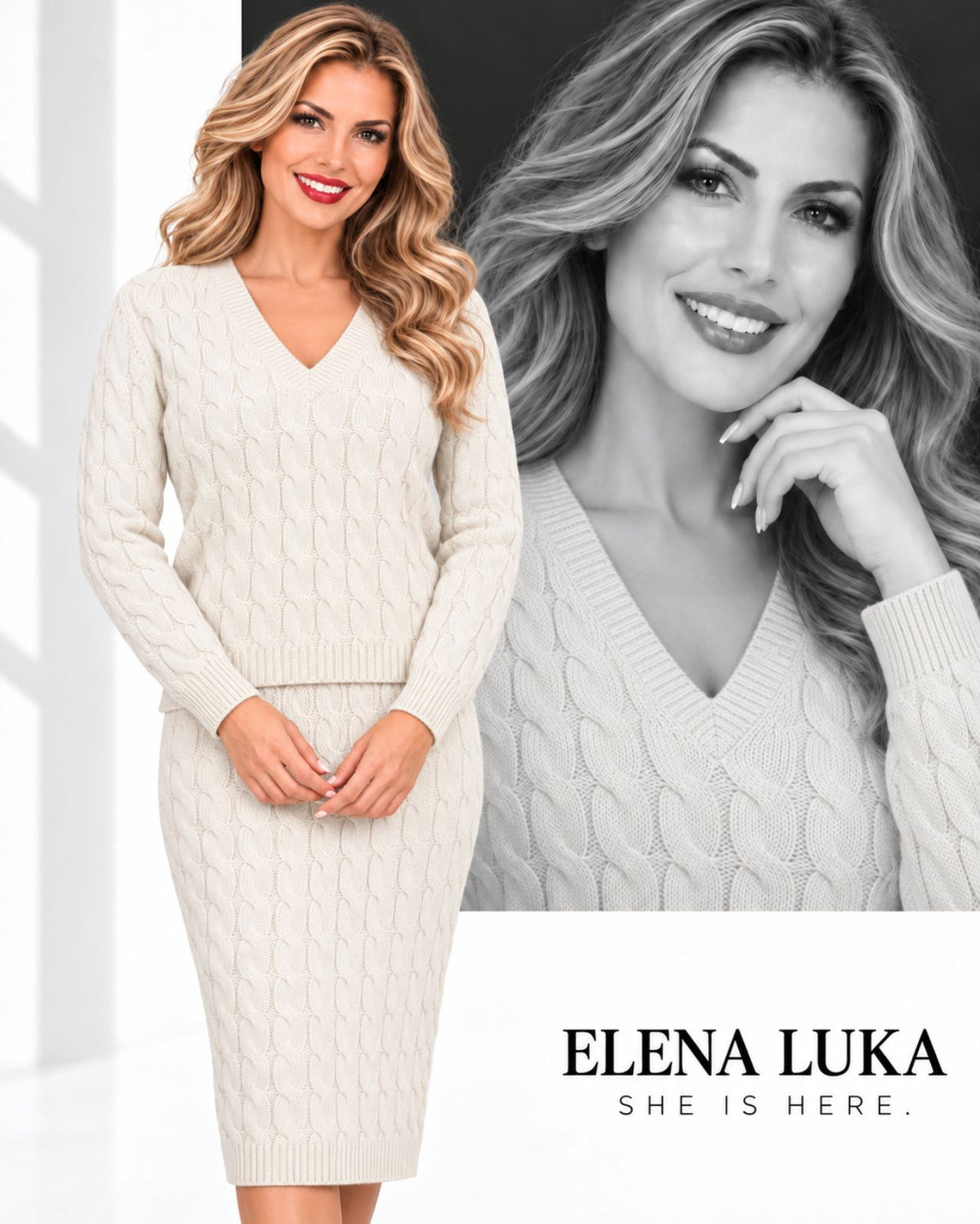 Black Cable-Knit V-Neck Sweater set