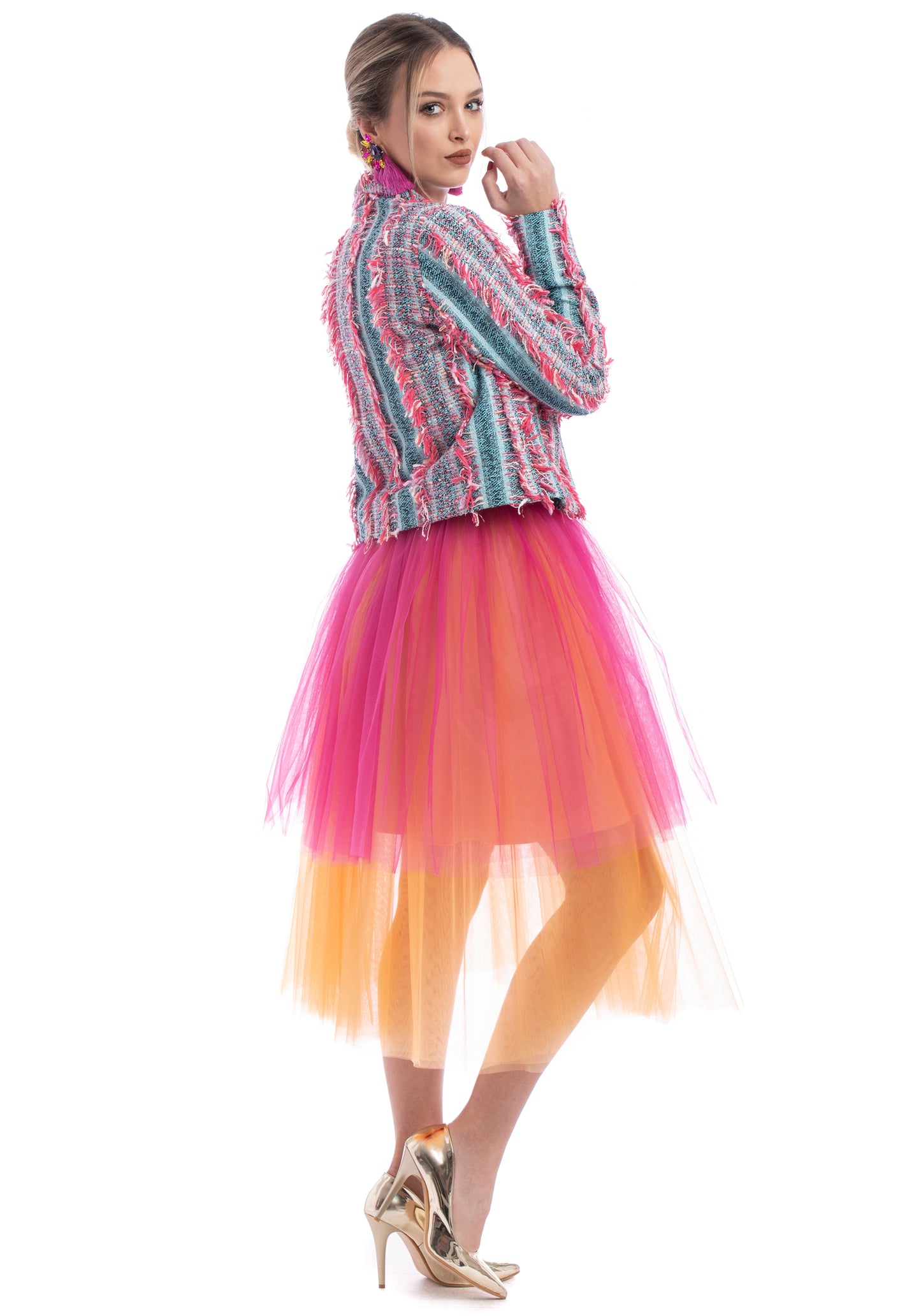 Cropped Bouclé Blazer & Asymmetrical Tulle Skirt