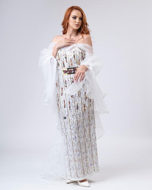 Strikingly decorated white dress