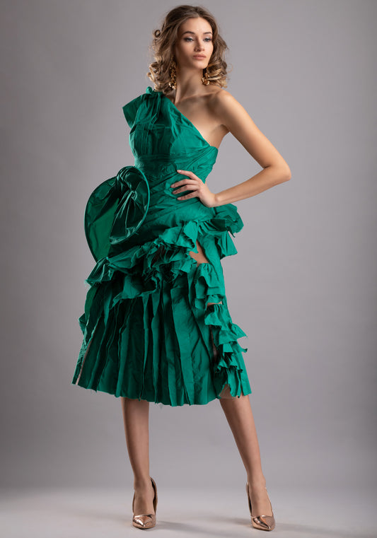 Unique One-Shoulder Emerald Taffeta Dress