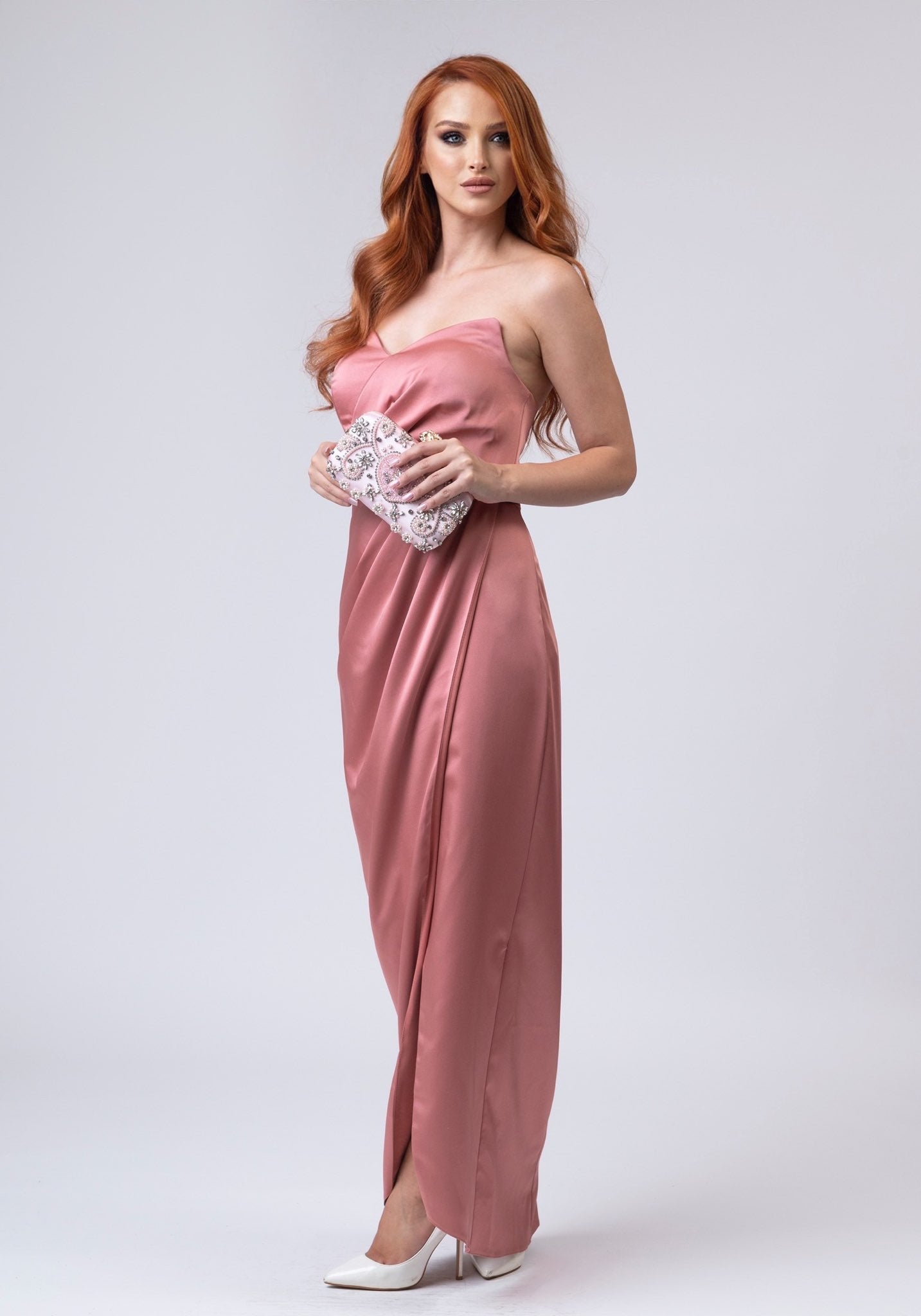 Long corseted pink dress