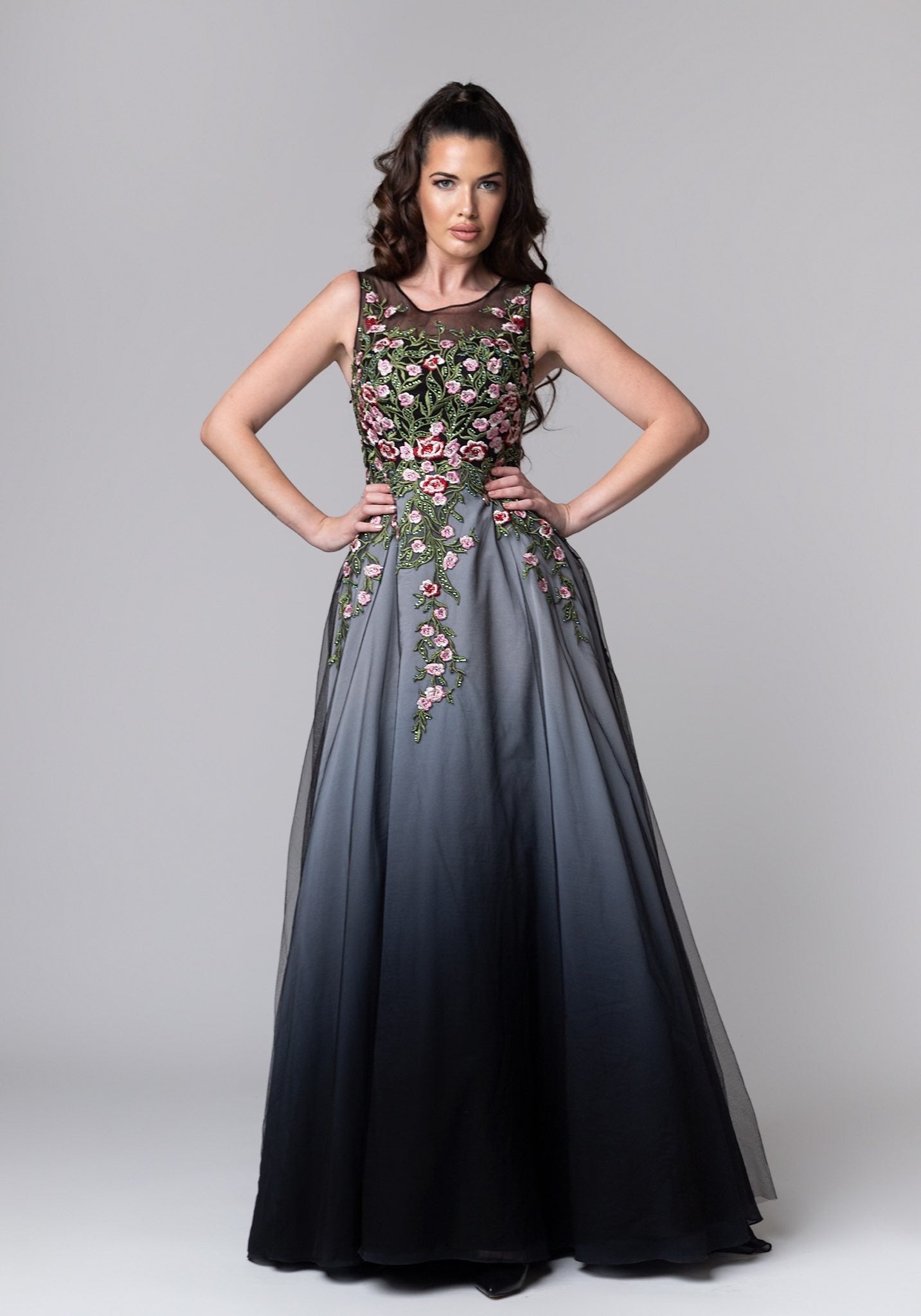 Black long dress with floral elements