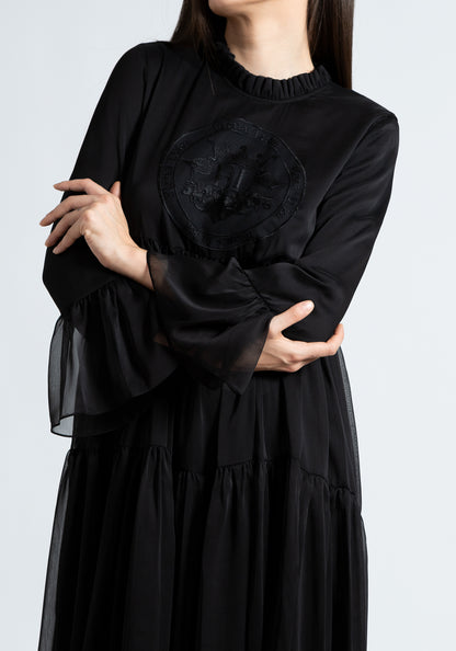 Извезен долг црн фустан