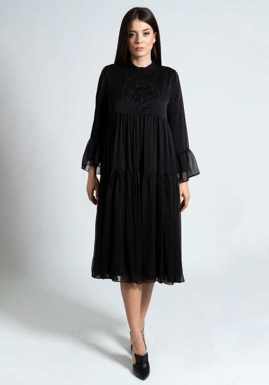 Embroidered Long Black Dress