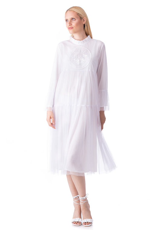 Embroidered Long Beige Tulle Dress