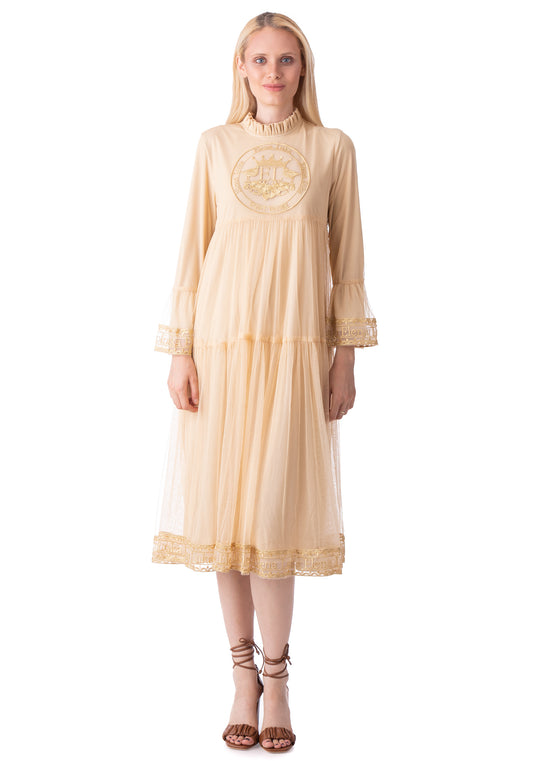Embroidered Long Beige Tulle Dress