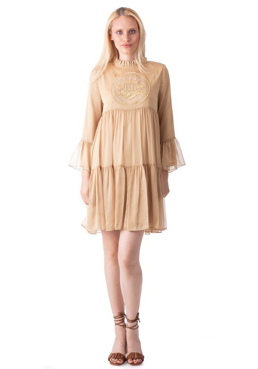 Embroidered Short Beige Dress