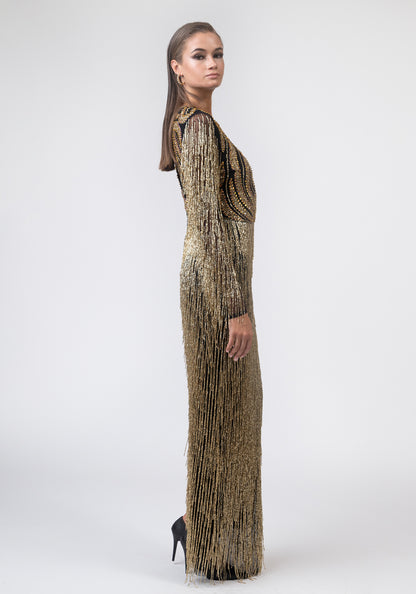 Долг црн фустан со златни детали