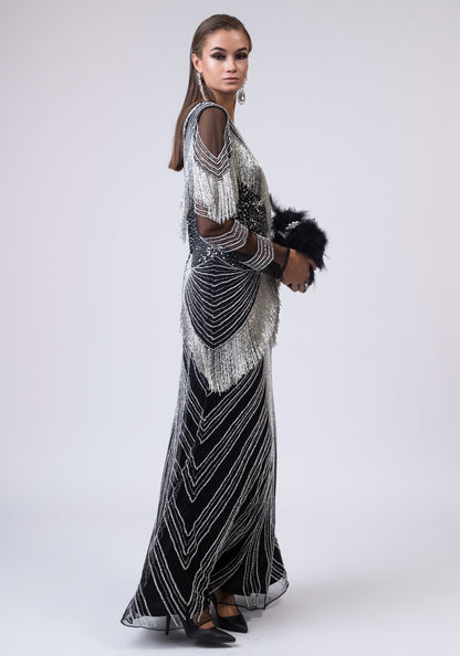 Црн и сребрен долг фустан