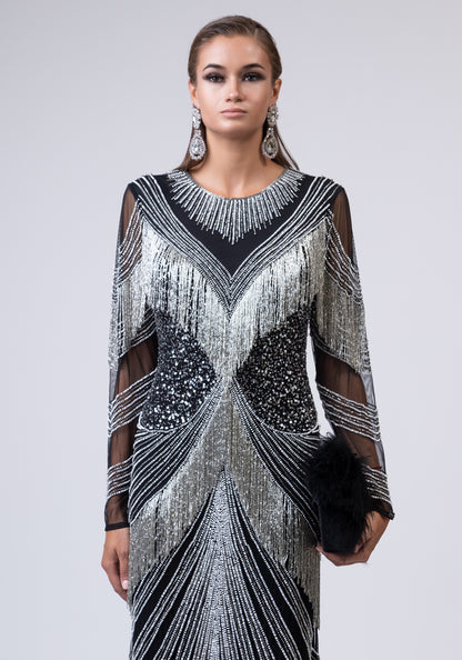 Црн и сребрен долг фустан