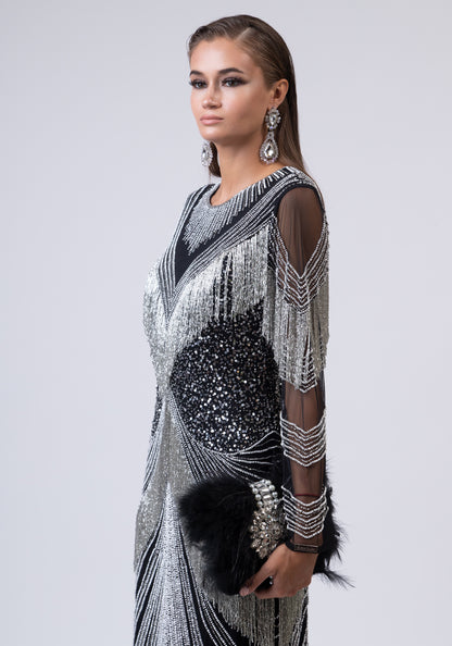 Црн и сребрен долг фустан